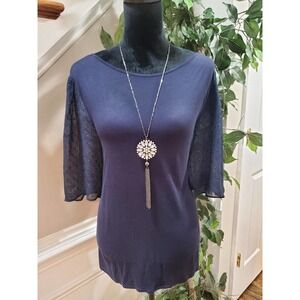 Loft Women Blue Solid 100% Rayon Round Neck Half Sleeve Top Blouse Size X-Large